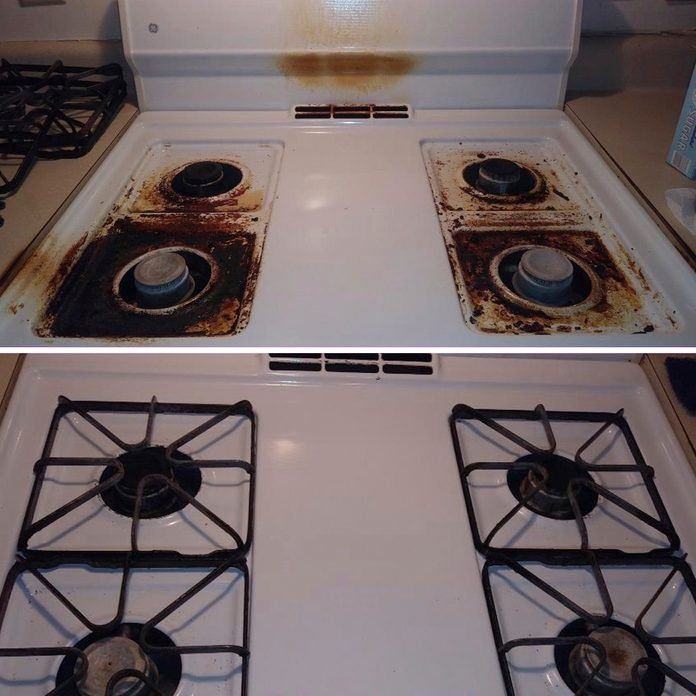 Kitchen stovetop after deep clean shining and spotless